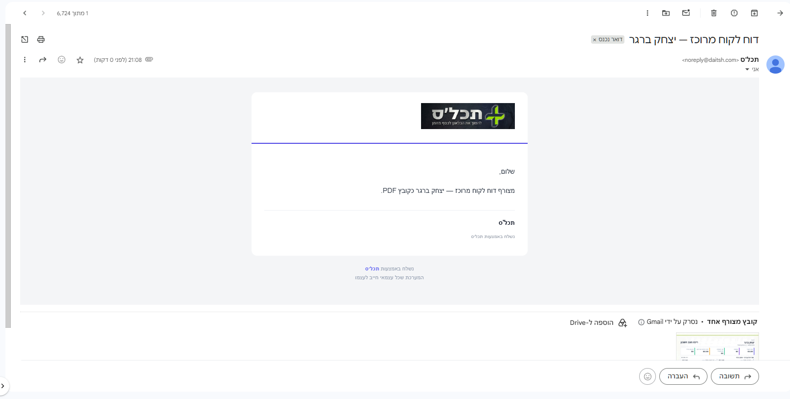 המייל כפי שמתקבל אצל הלקוח